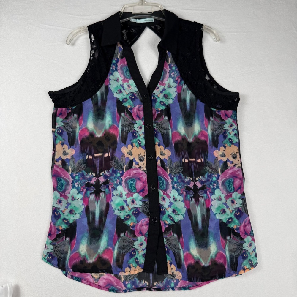 Maurices L Floral Chiffon Blouse Black Lace Cutout Y2K Indie Sleaze Boho